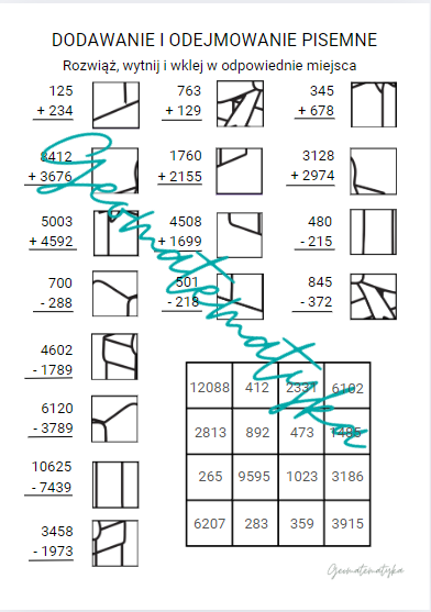 Dodawanie i odejmowanie pisemne – matematyczna układanka (kolorowanka)