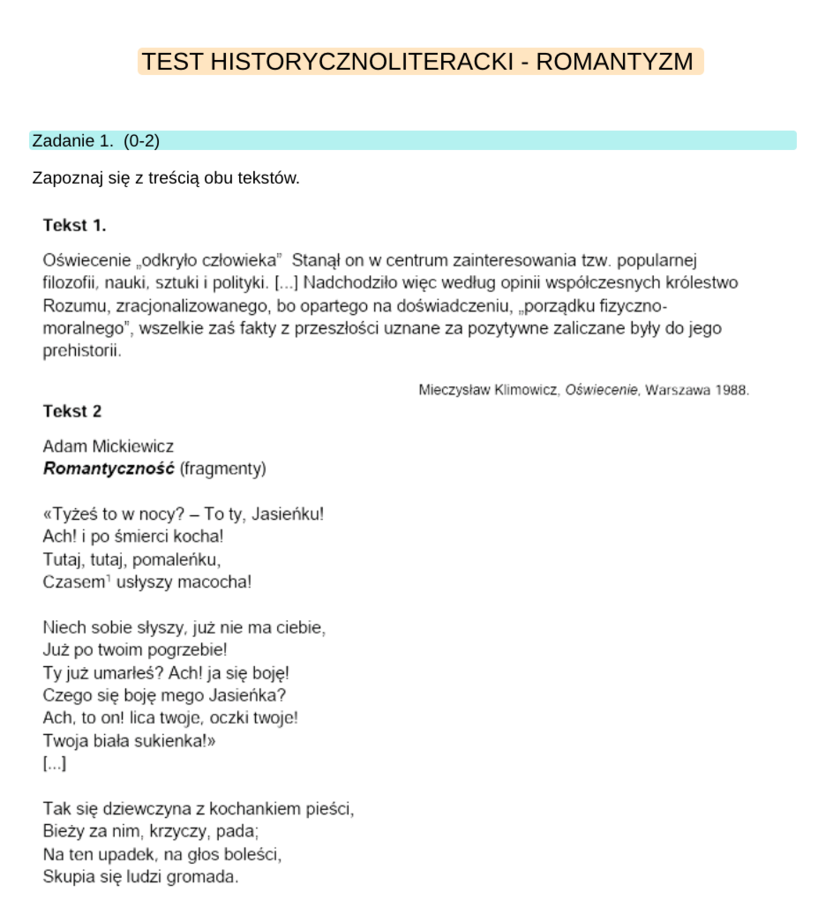 Test historycznoliteracki- Romantyzm (z odpowiedziami)