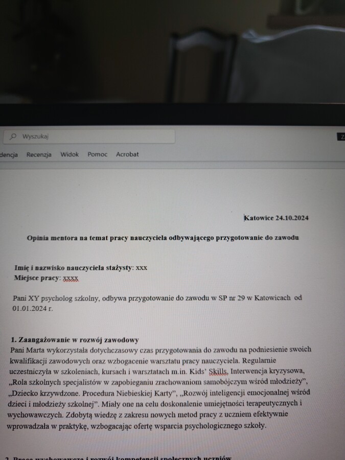 Opinia mentora o pracy nauczyciela odbywającego przygotowanie do zawodu – wzór