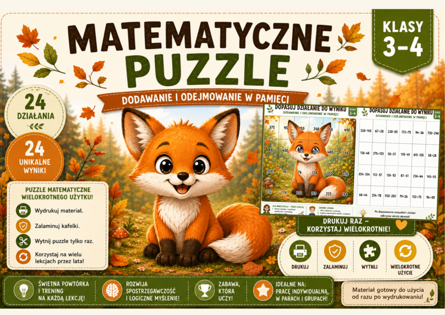 Matematyczne puzzle – dodawanie i odejmowanie w pamięci | Klasy 3–4 | Układanka matematyczna