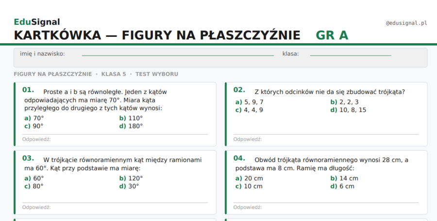 Kartkówka — figury na płaszczyźnie klasa 5 | test ABCD | 2 grupy + klucz