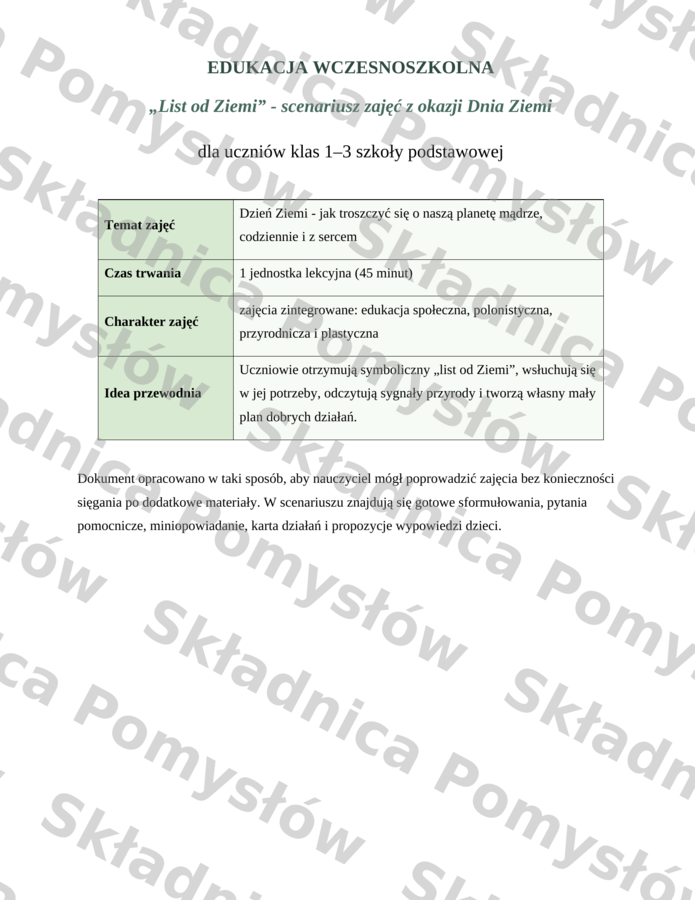 DZIEŃ ZIEMI – scenariusz zajęć - klasy 1-3; edytowalny; pomysł na zajęcia; konspekt