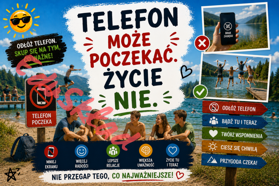 🌞 Bezpieczne Wakacje — nowoczesne plakaty edukacyjne na gazetkę szkolną 🌊🚴⛰️📱
