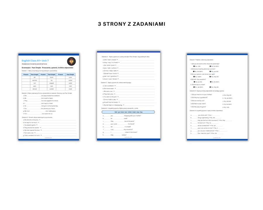 Gramatyka klasa 5, język angielski. Czas przeszły Past Simple - przeczenia, pytania, krótkie odpowiedzi, English Class A1+ Unit 7 ćwiczenia powtórzenie