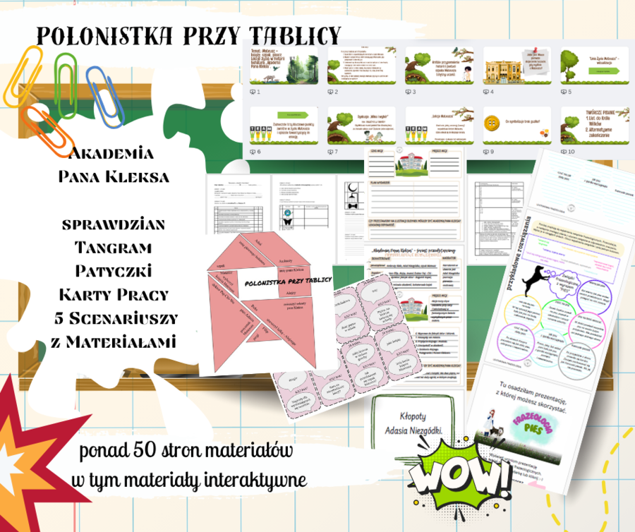 „Akademia Pana Kleksa” pakiet zestaw scenariusze karty pracy prezentacja sprawdzian + odpowiedzi i zasady przyznawania punktów