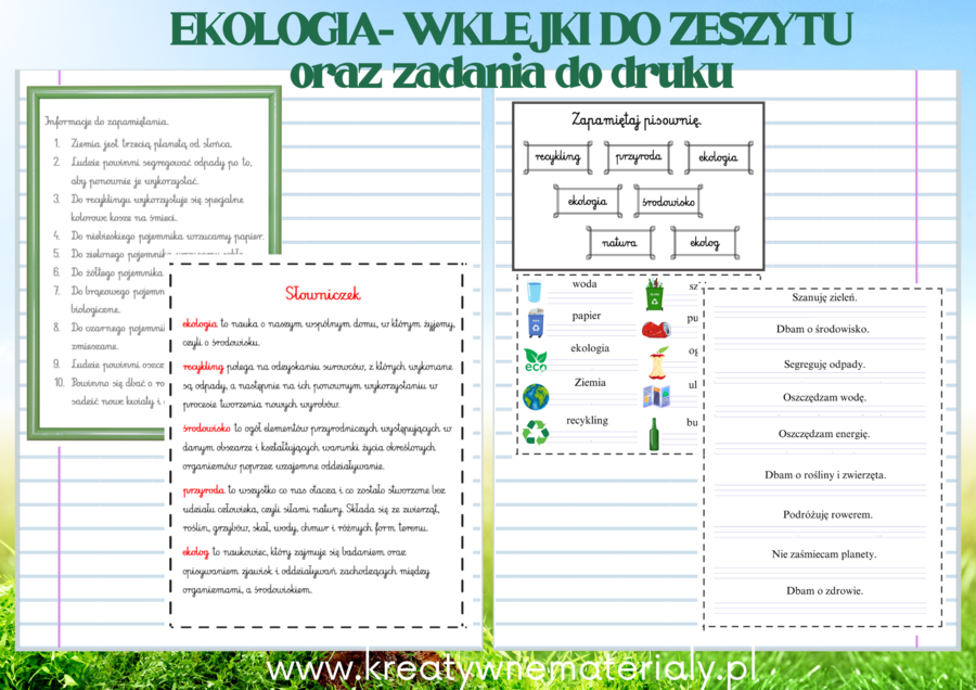 EKOLOGIA - DZIEŃ ZIEMI- wklejki o zeszytu, zadania do druku
