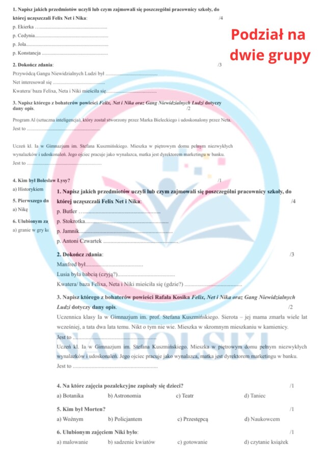 Felix, Net i Nika oraz Gang Niewidzialnych Ludzi - kartkówka ze znajomości treści lektury