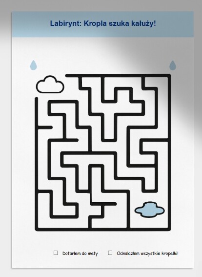 Karty pracy: kolorowanki związane z pogodą, labirynty, łączenie kropek.