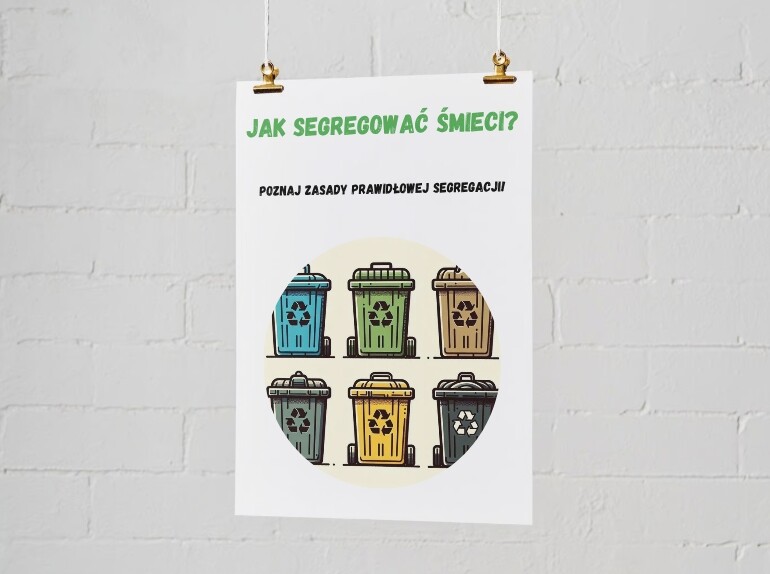 Plakaty edukacyjne. Cykl życia fasoli (etap 1: nasiono, etap 2: kiełek, etap 3: młoda roślina, etap 4: dorosła roślina). Jak segregować śmieci? Kolorowe kosze i co do nich wrzucamy? Najczęstsze błędy i odpady nietypowe.