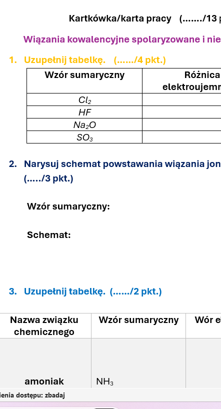 Kartkówka/karta pracy wiązania kowalencyjne i jonowe