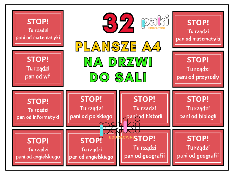 Napisy, tabliczki na drzwi, do sali Stop! Tu rządzi pan/ pani od...