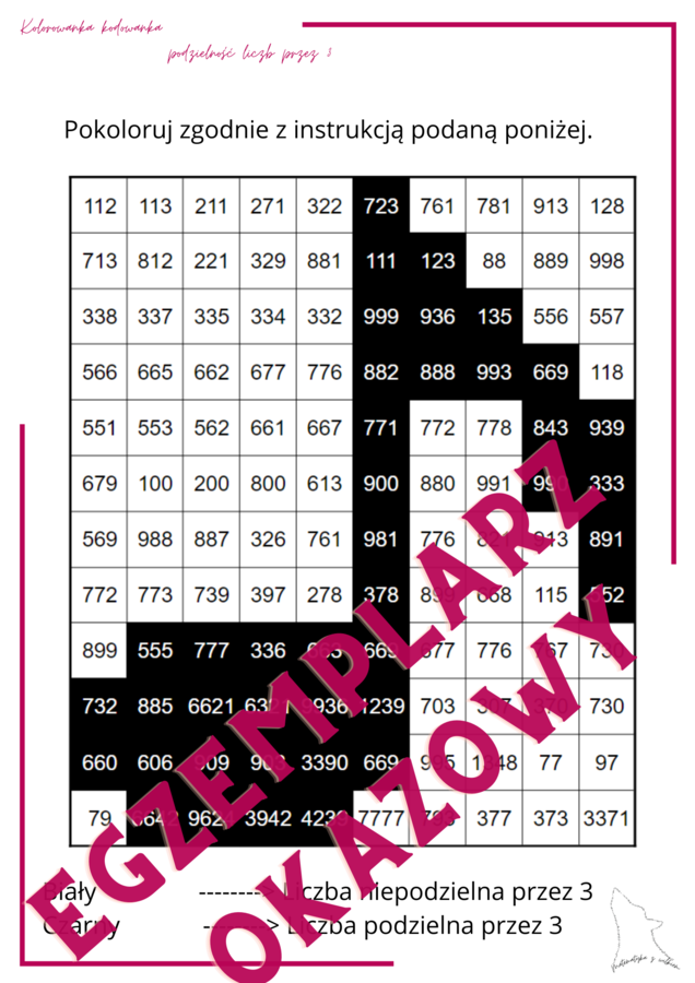 Kolorowanka - kodowanka - podzielność liczb przez 3