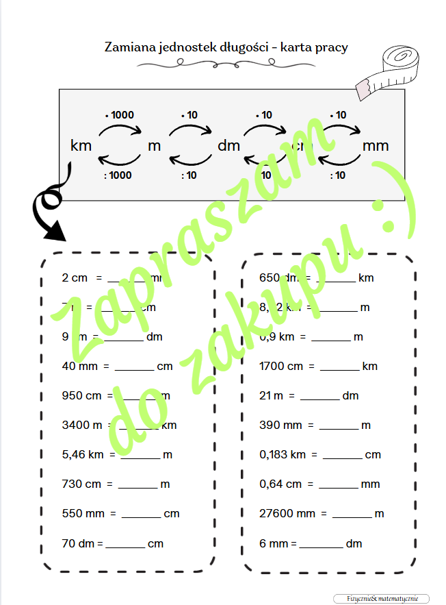 Zamiana jednostek długości - karta pracy/kartkówka.