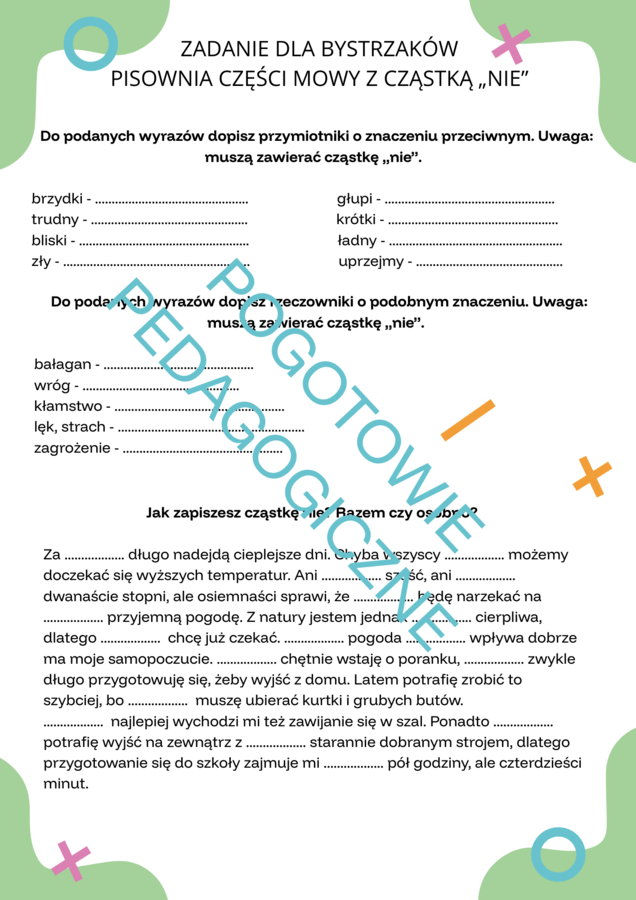 Zadania dla bystrzaków - części mowy, cząstka nie, przysłówek