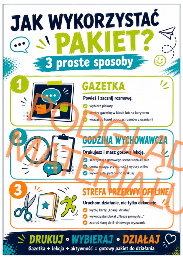 „TELEFON ODPOCZYWA, MY DZIAŁAMY!” – Szkoła bez telefonu | gazetka + godzina wychowawcza + wyzwanie + strefa offline | 34 strony PDF