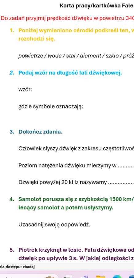 Fale dźwiękowe - karta pracy/kartkówka