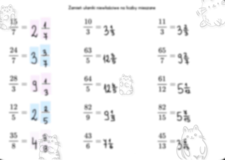 Zamiana ułamków niewłaściwych na liczby mieszane – karta pracy z kotkami (klasy 4–8)