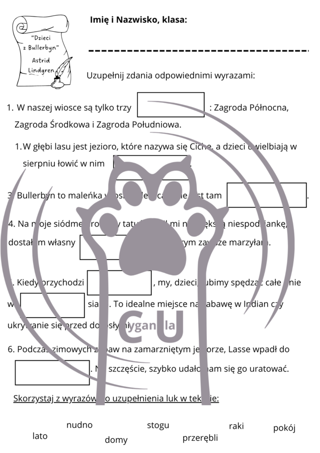 Karty pracy z odpowiedziami do lektury Astrid Lindgren "Dzieci z Bullerbyn"
