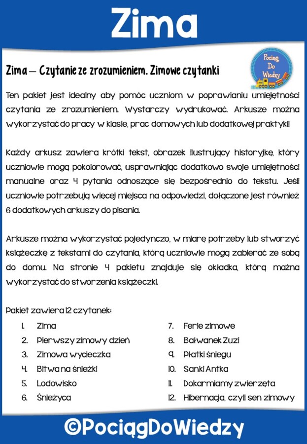 Czytanie ze zrozumieniem - Zimowe czytanki