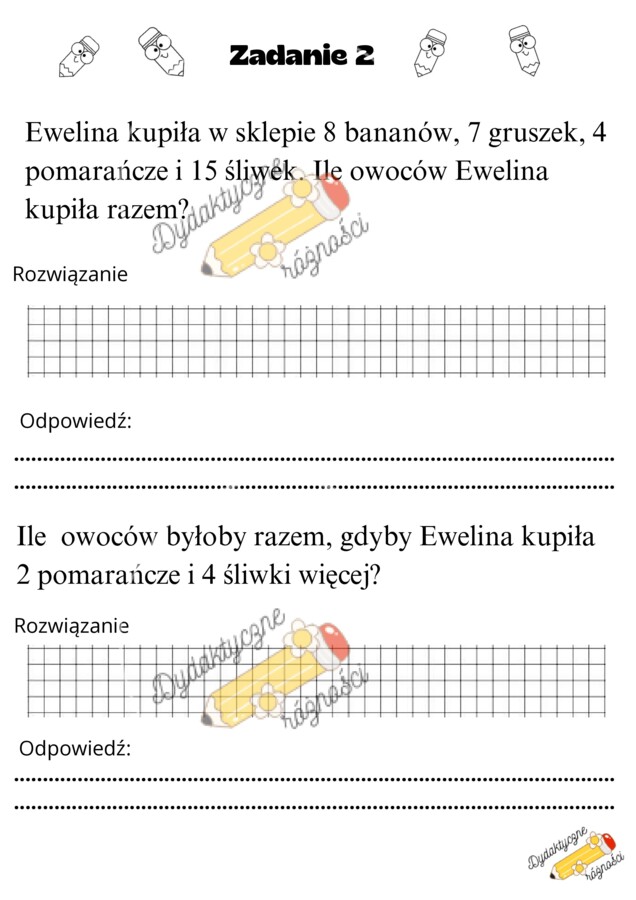 Dodawanie w zakresie 50. Rozbudowane zadania z treścią- 10 kart pracy.