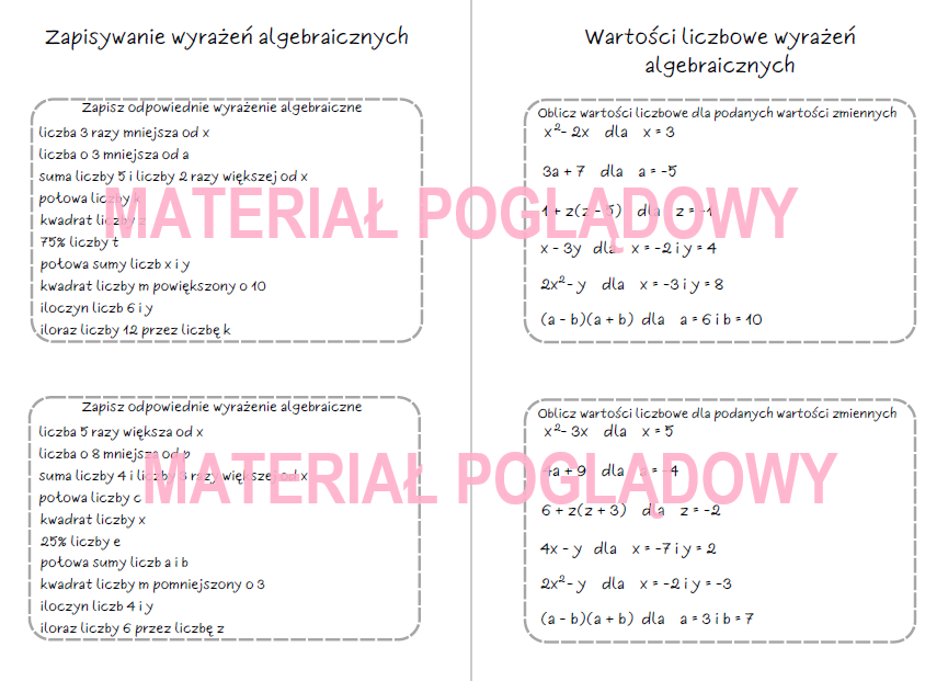 Szybkie karteczki – wyrażenia algebraiczne, sumy algebraiczne, jednomiany, redukcja wyrazów podobnych (karta pracy, kartkówka kl. 6, 7, 8)
