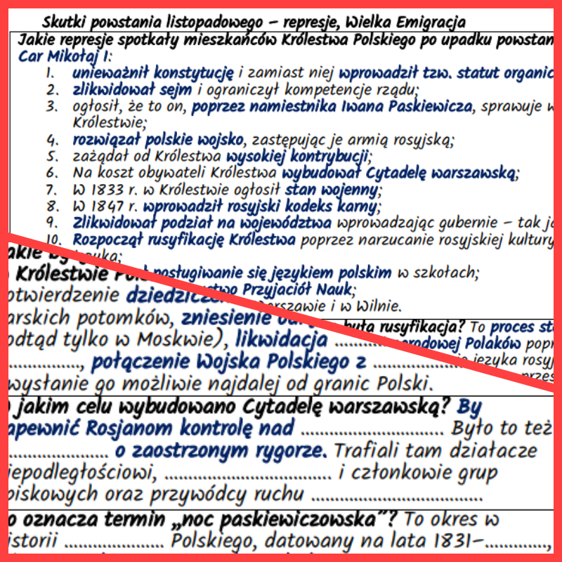 Skutki powstania listopadowego – represje, Wielka Emigracja (notatki, karta pracy)