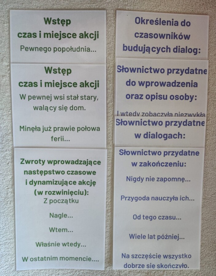 Opowiadanie twórcze – przydatne słownictwo – kolorowe karty A4