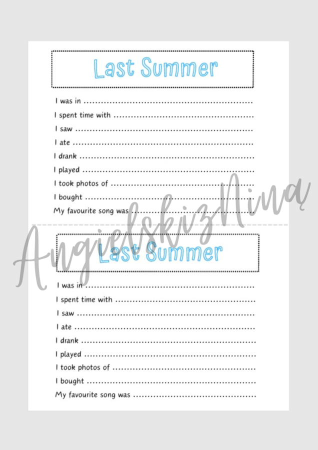 Last Summer - Past Simple - czasowniki nieregularne - karta pracy - wklejka - pomysł na rozpoczęcie roku - lekcja po wakacjach - dla dzieci - angielski - A2