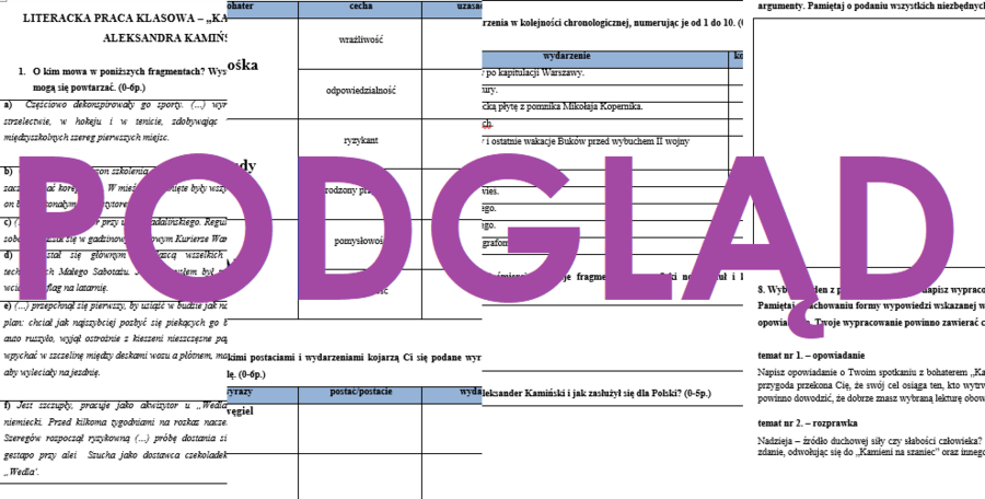 "Kamienie na szaniec" - literacka praca klasowa, sprawdzian, egzamin ósmoklasisty