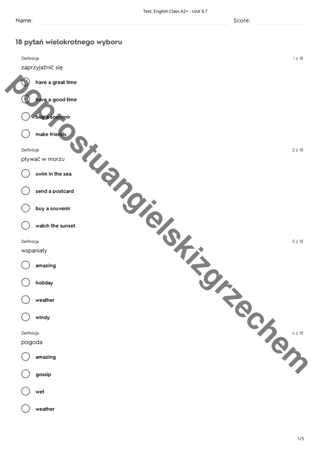 English Class A2+ - Unit 9 - testy