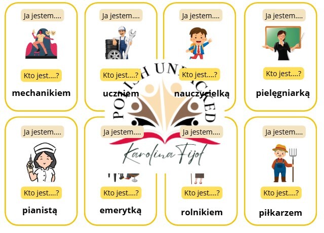 Gra karciana "Ja jestem, kto jest" zawody, narzędnik