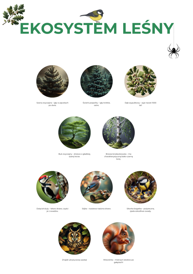 Plakat „Ekosystem leśny” (zwierzęta, drzewa).