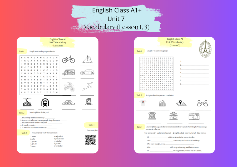 English Class A1+, Unit 7 (Lesson 1 & Lesson 3) - Słownictwo MEANS OF TRANSPORT & HOLIDAY ACTIVITIES