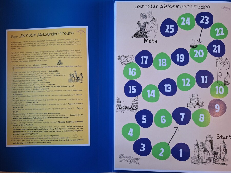 Zemsta - test z lektury, grywalizacja polonistyczna, klasa 7, gra planszowa