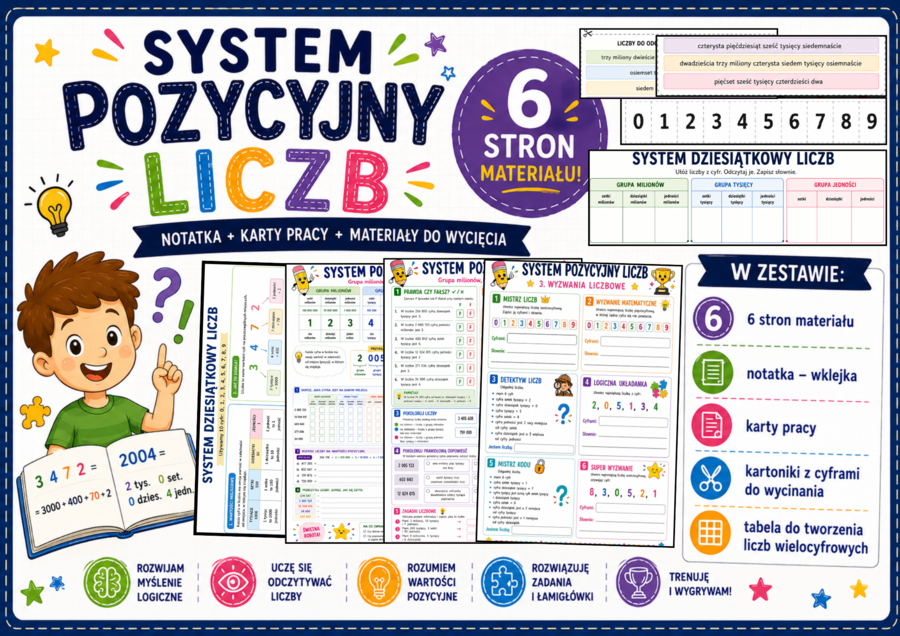 🔢 System pozycyjny liczb – grupa milionów, tysięcy i jedności |  Liczby wielocyfrowe: notatka, karty pracy, materiały do wycięcia I klasy 1–4