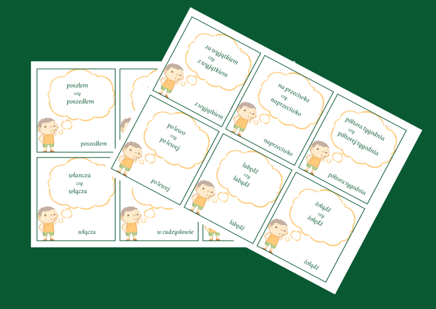 BŁĘDY JĘZYKOWE - fiszki - 30 szt. - 2 wersje + odpowiedzi - Dzień Języka Ojczystego