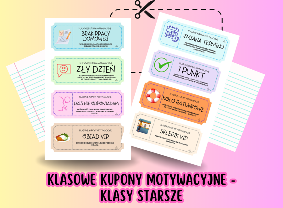 Bilety, vouchery, nagrody klasowe (klasy starsze) – gotowe do wydruku!