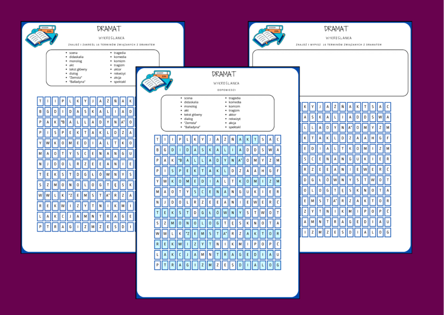 DRAMAT - rodzaje literackie - wykreślanka - karta pracy - powtórka - egzamin