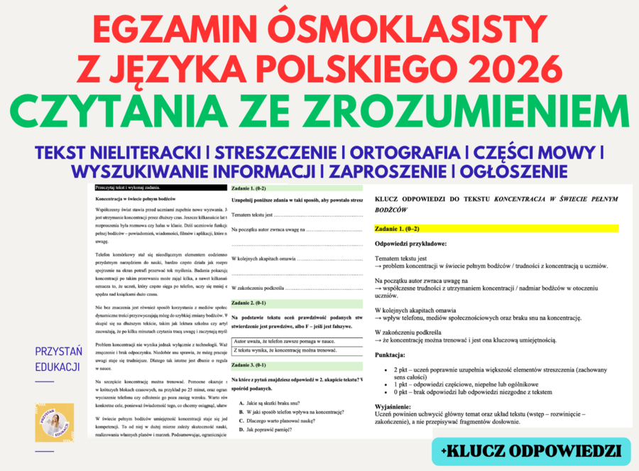 Egzamin ósmoklasisty 2026 r. JĘZYK POLSKI - czytania ze zrozumieniem, streszczenie, zaproszenie, ogłoszenie, ortografia, części zdania, tekst nieliteracki