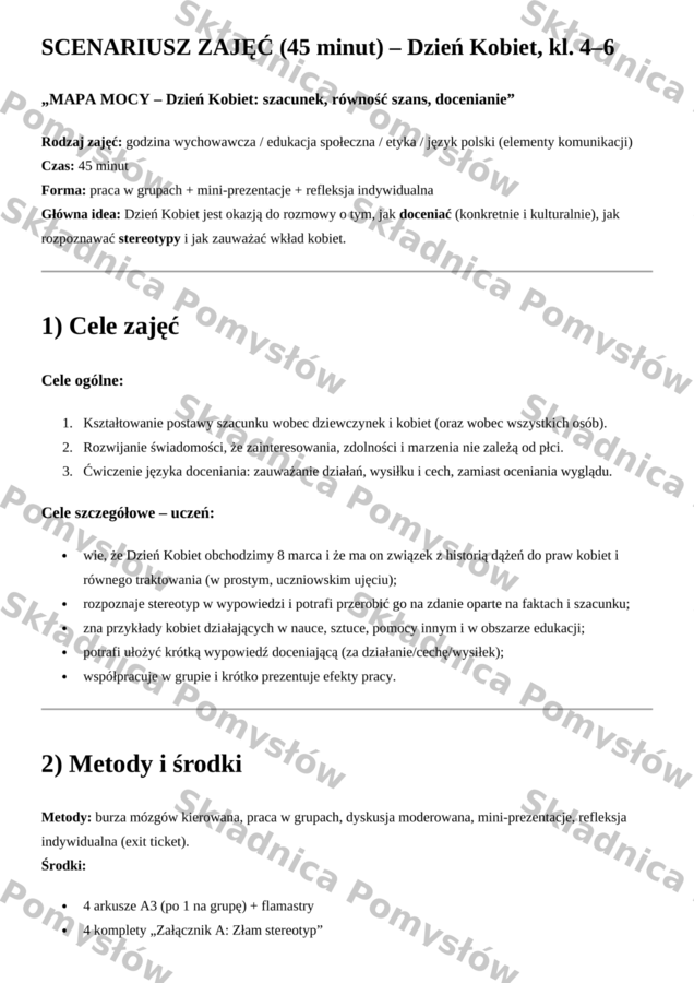 DZIEŃ KOBIET – scenariusz zajęć - klasy 4–6; edytowalny; lekcja wychowawcza; godzina wychowawcza