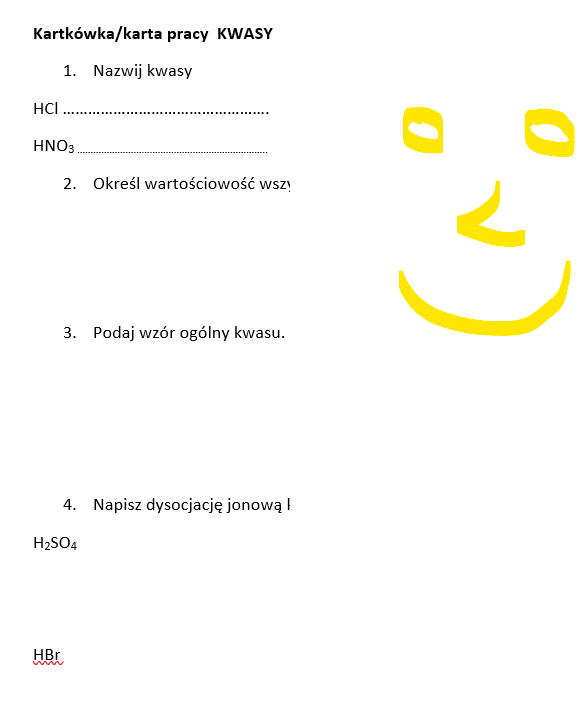 karta pracy/kartkówka KWASY wraz z dysocjacją