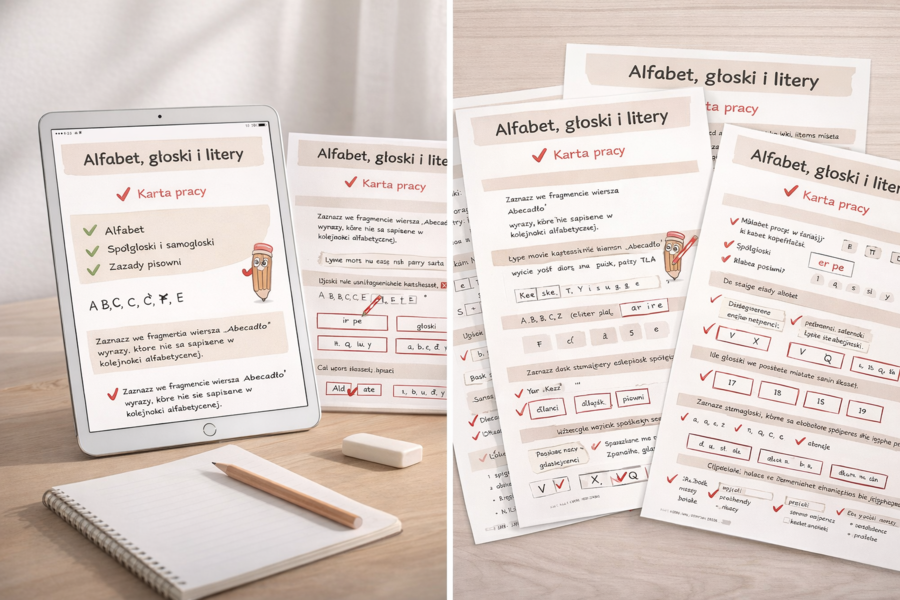 ALFABET, GŁOSKI I LITERY [Karta pracy, sprawdzian]