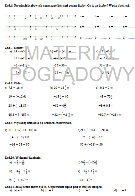 Kartka pracy - liczby wymierne (dodatnie i ujemne)