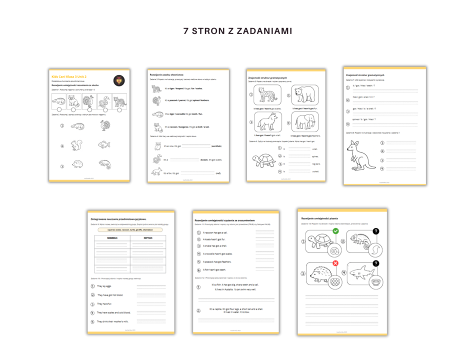 Kids Can 3 Unit 2 Klasa Trzecia Rodział Drugi Dodatkowe Zadania Ćwiczenia Powtórzenie Nazwy Zwierząt Części ciała zwierząt Karty Pracy