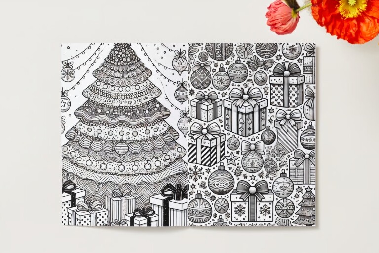 Kolorowanki świąteczne. Pudełka na prezenty. Bałwanek z prezentami. Mikołaj. Choinka. Świąteczny wzór.