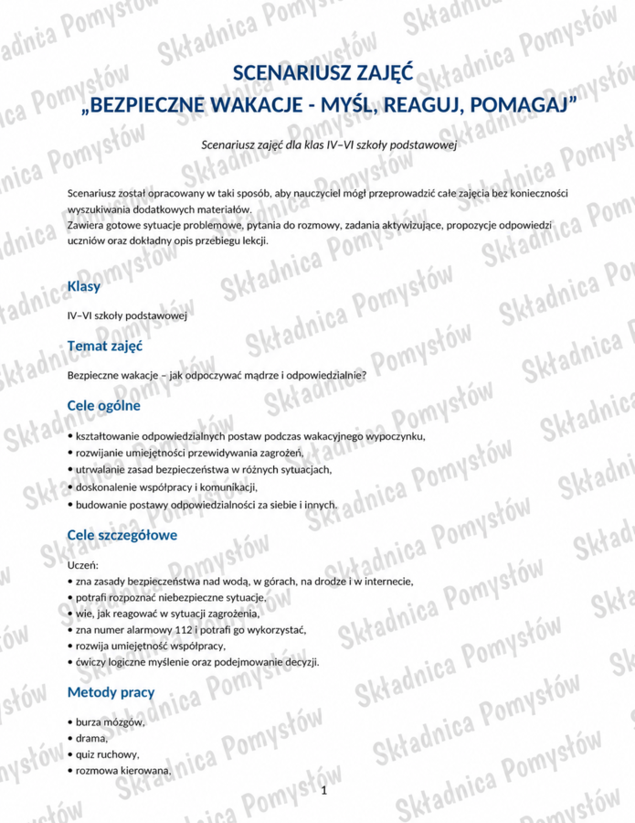 BEZPIECZNE WAKACJE - pakiet: scenariusz zajęć dla klas 4–6 + kolorowanka A4