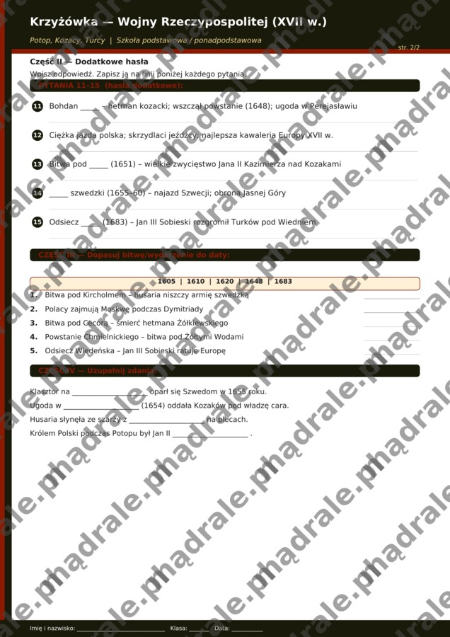 Karta pracy „Wojny Rzeczypospolitej” + klucz odpowiedzi