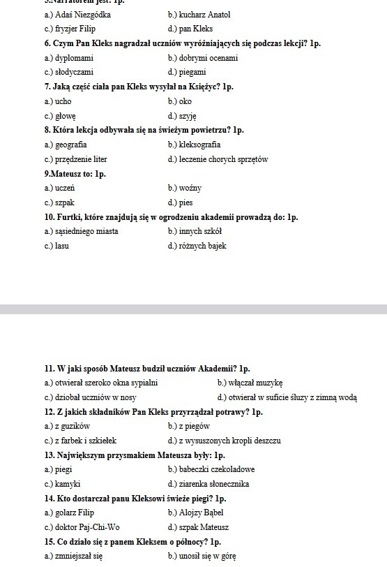 AKADEMIA PANA KLEKSA Jan Brzechwa - kartkówka, test + klucz odpowiedzi