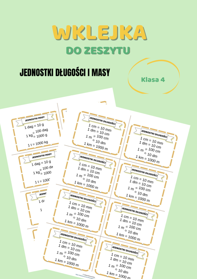 Jednostki długości i jednostki masy, wklejka do zeszytu