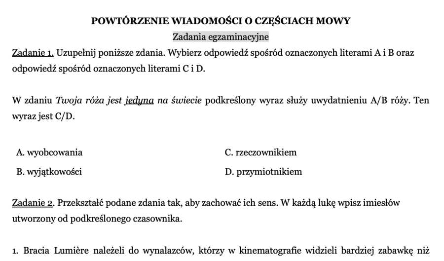 Powtórzenie wiadomości o częściach mowy - zadania egzaminacyjne